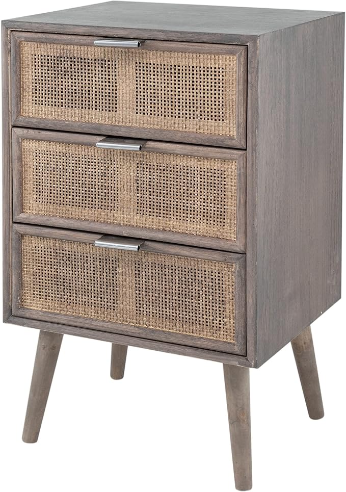 28 Inch Dresser Chest, 3 Drawers, Pine Wood, Rattan Panels, Gray
