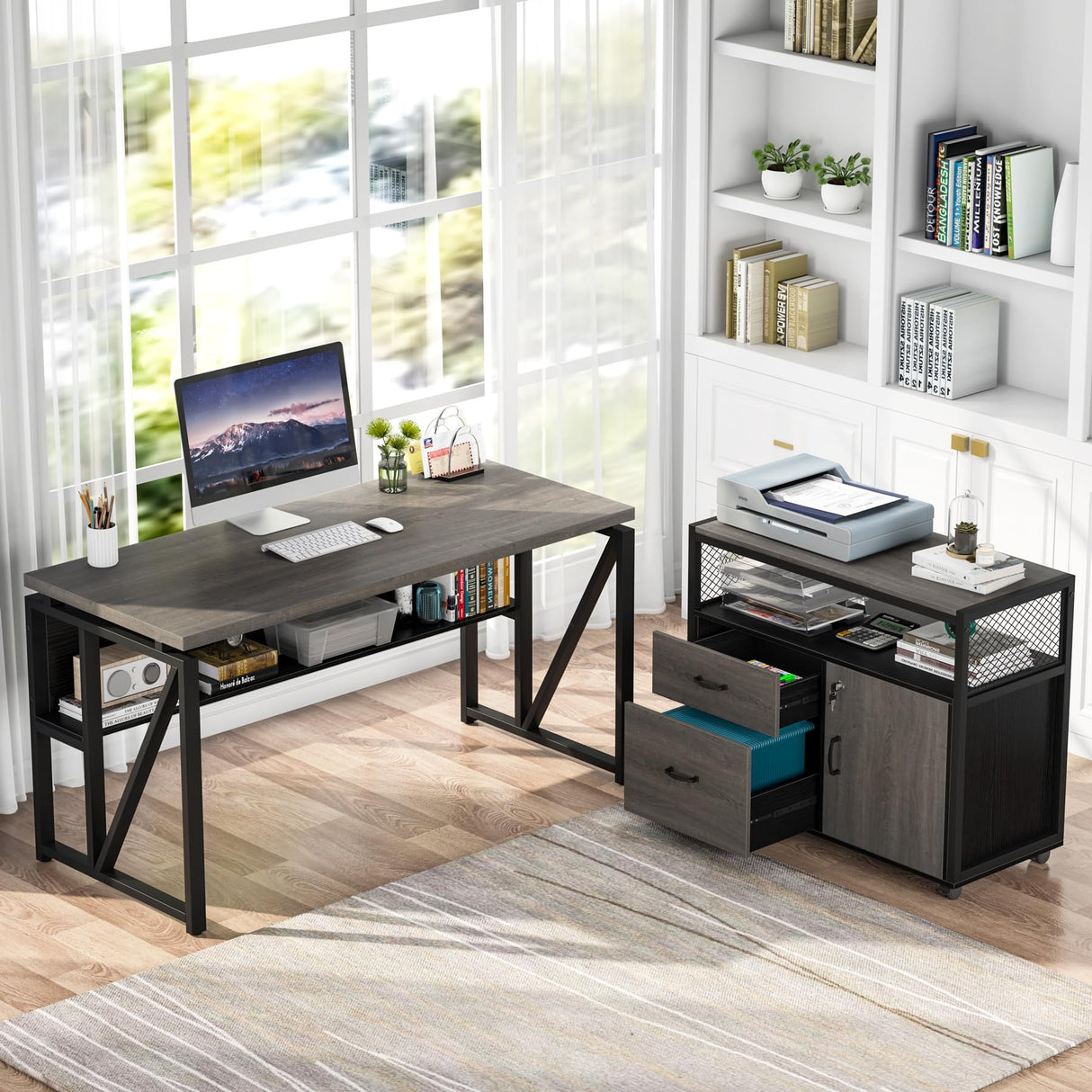 55-Inch L Shaped Office Desk with Drawers & Storage Shelves