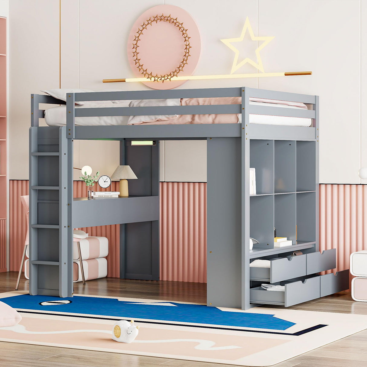 Full-Size Loft Bed with Built-in Desk and LED Light for Kids Teens