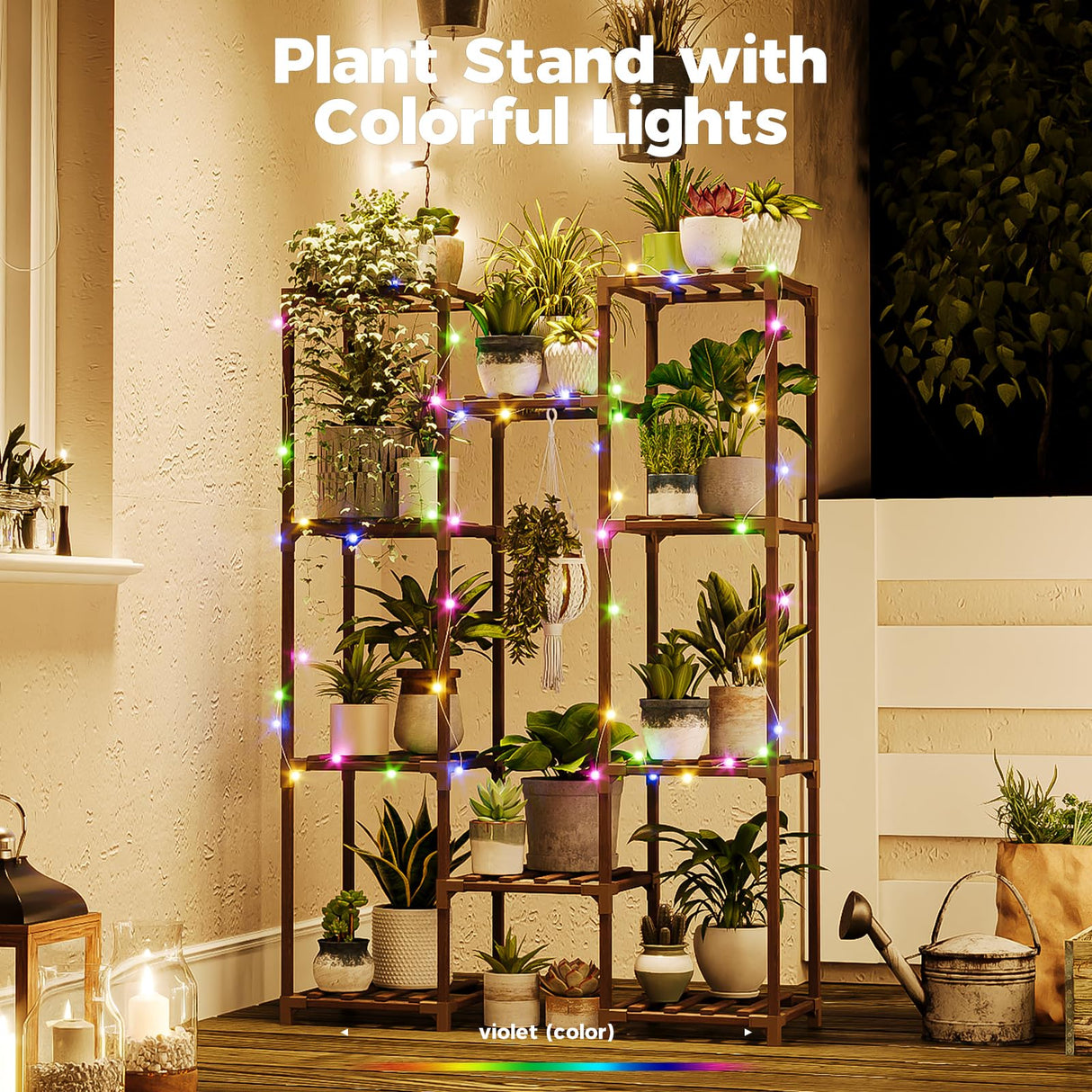 Bamworld Indoor Plant Stand with Fairy Lights – 10 Pot Wooden Shelf