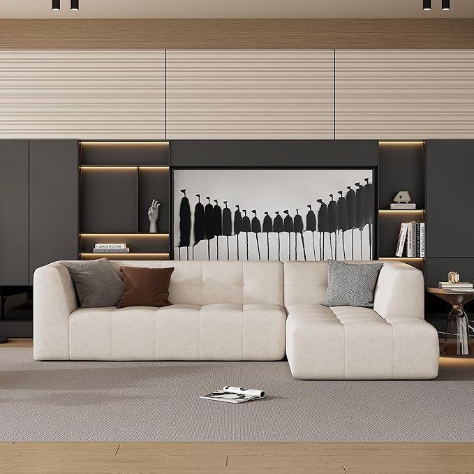 L-Shape Chenille Upholstered Sofa with 5 Pillows, Modern Luxury Sofa