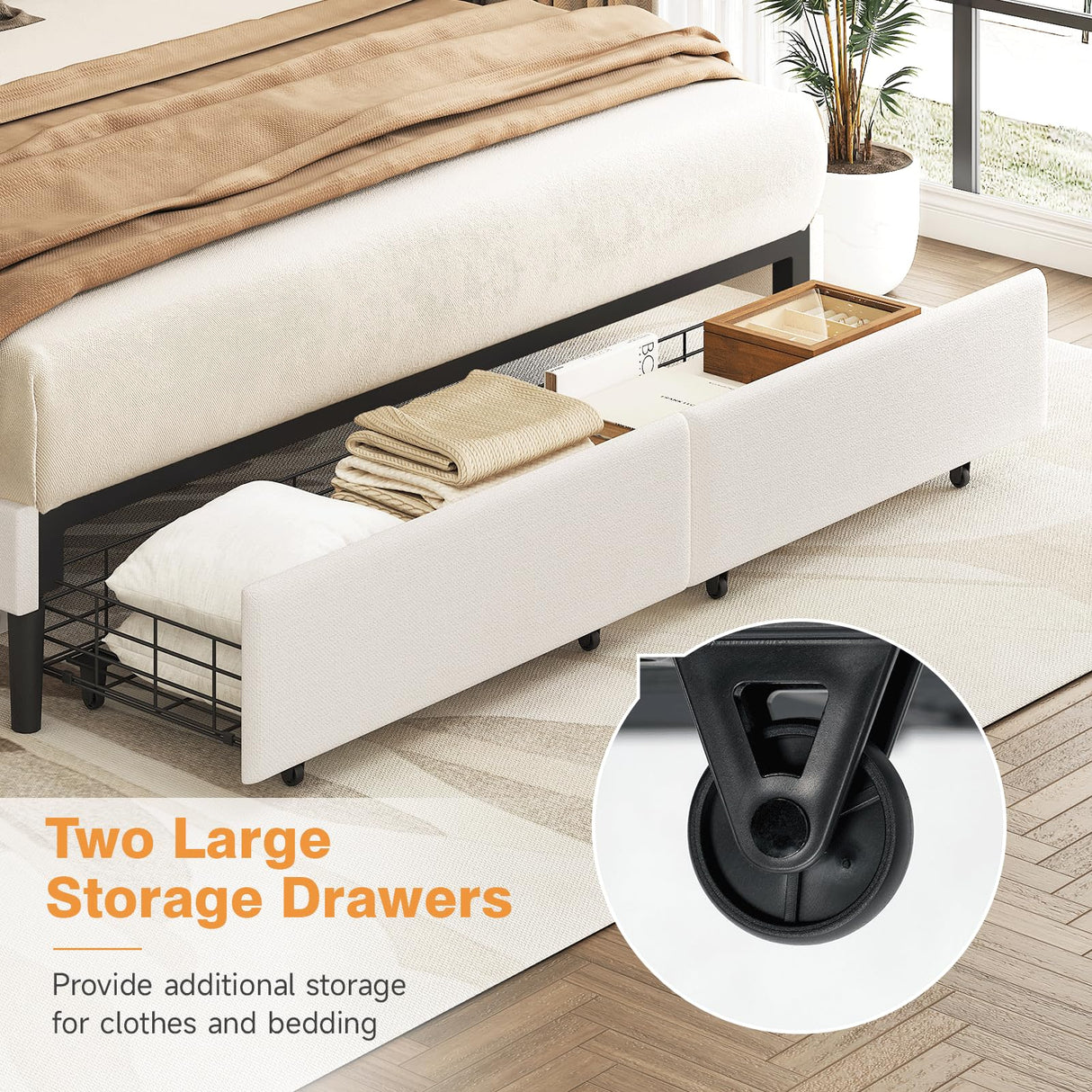 Yumpie Cream Upholstered Queen Bed Frame with Storage Drawers & Adjustable Headboard