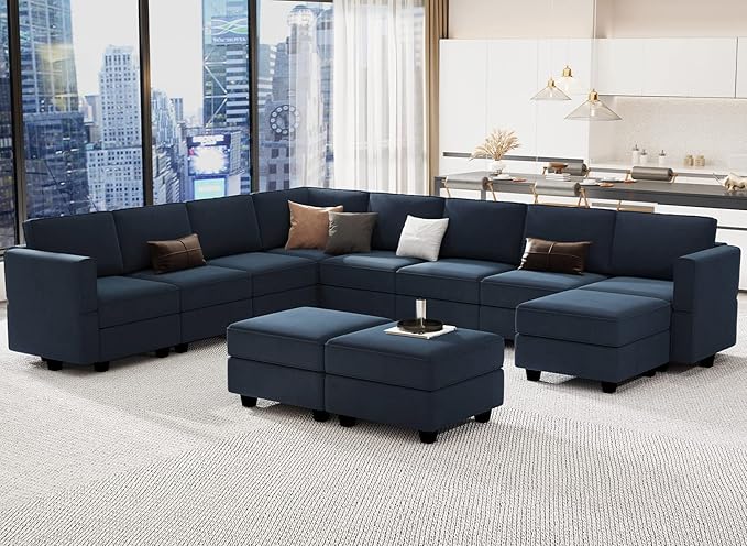 Modular Sectional Sofa with Ottoman, Velvet L-Shape Corner Sofa Set
