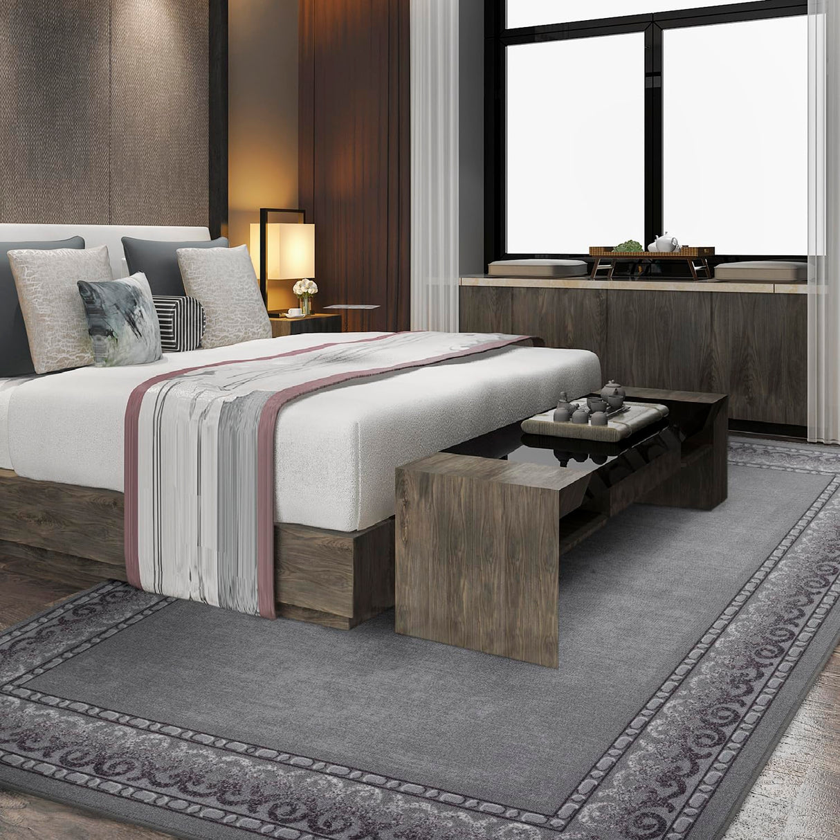 Alfombras Bordered Modern 5x7 Non-Slip (Non-Skid) Low Pile Rubber Backing Indoor