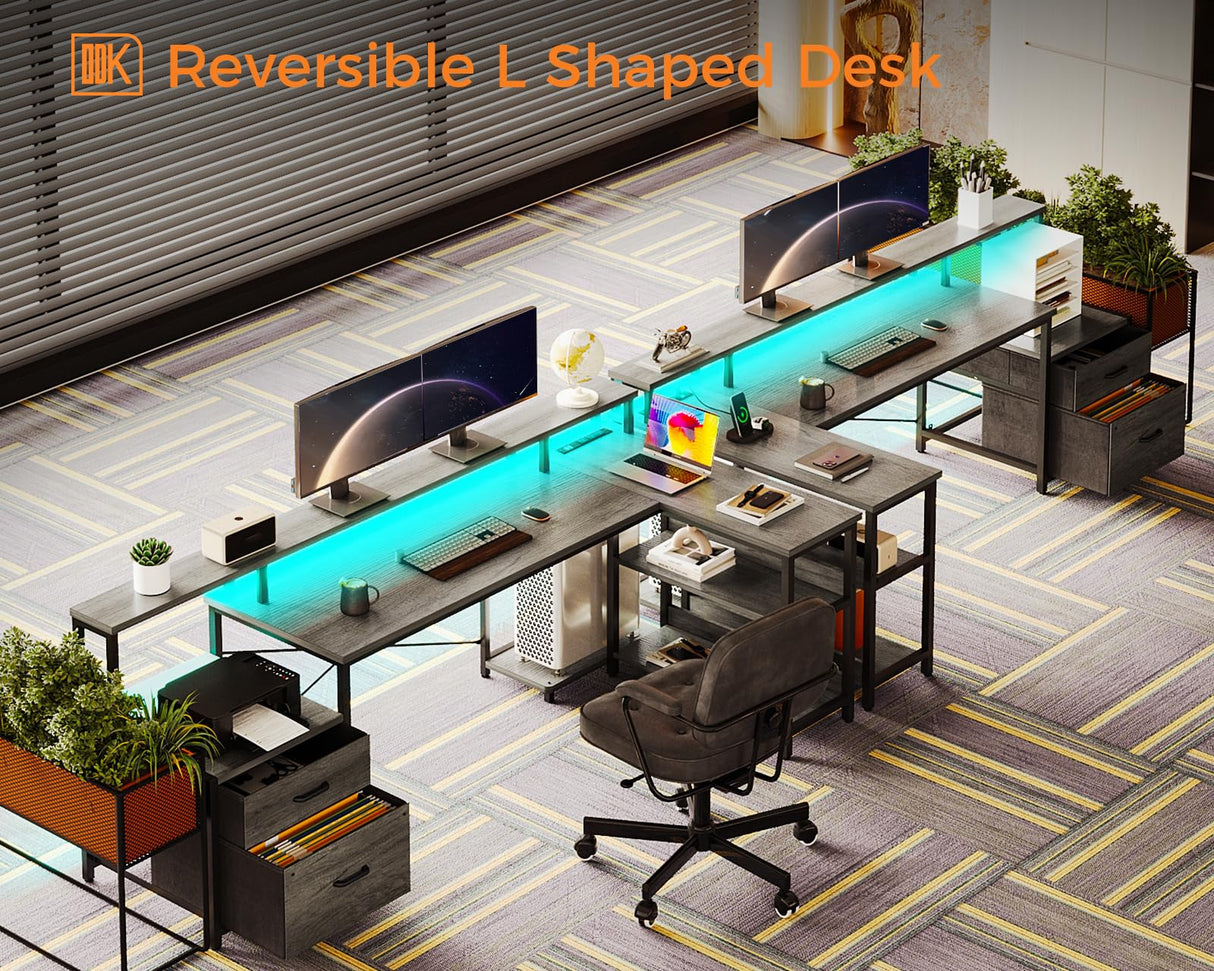 ODK L Shaped Desk with File Drawer, 75" Reversible L Shaped Computer Desk with Power Outlet & LED Strip, Office Desk with Storage Shelves, Gaming Desk with Monitor Shelf, Corner Desk, Grey Oak