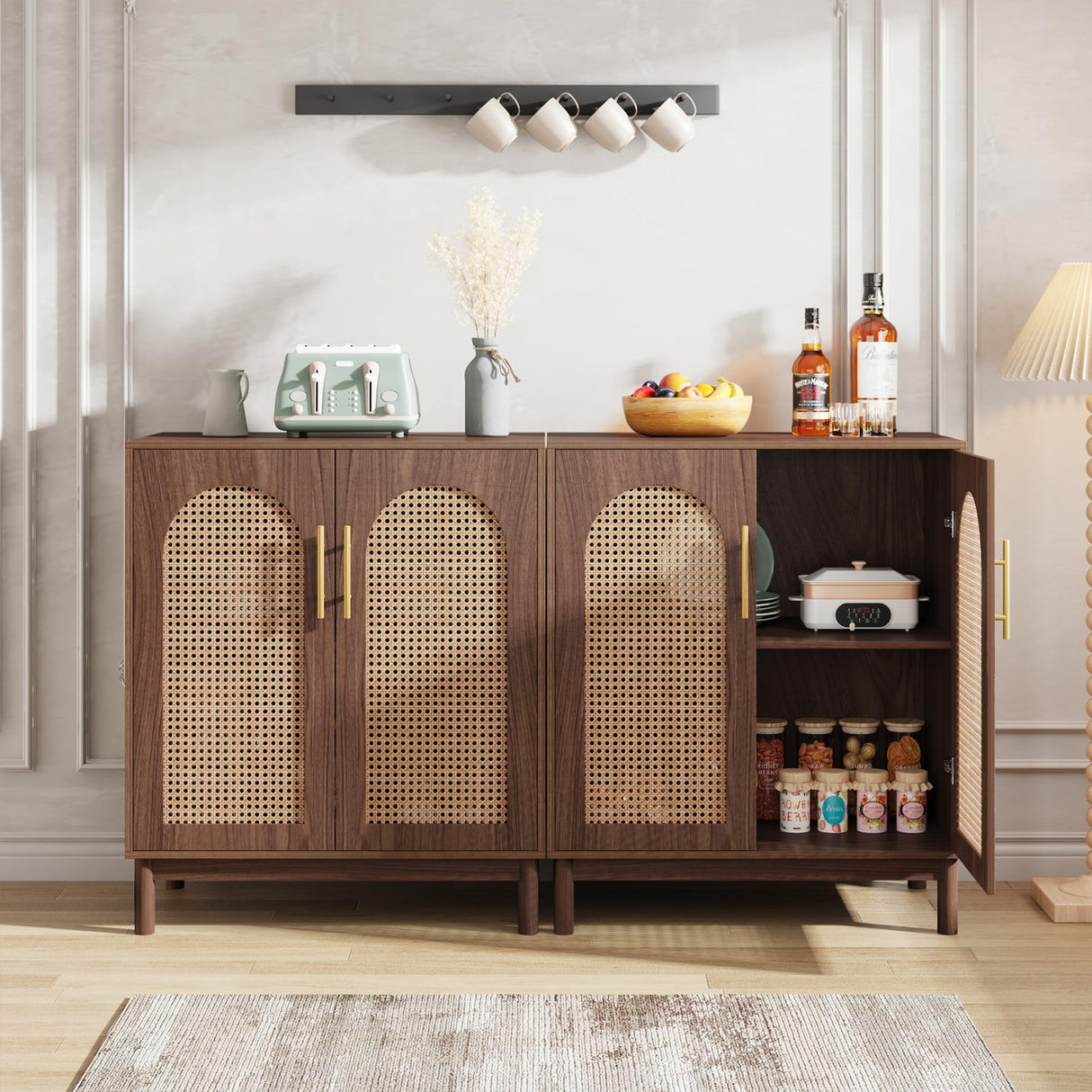 Set of 2 Rattan Sideboard Buffet Cabinet with Storage, 59 Inch Accent Cabinet with Doors