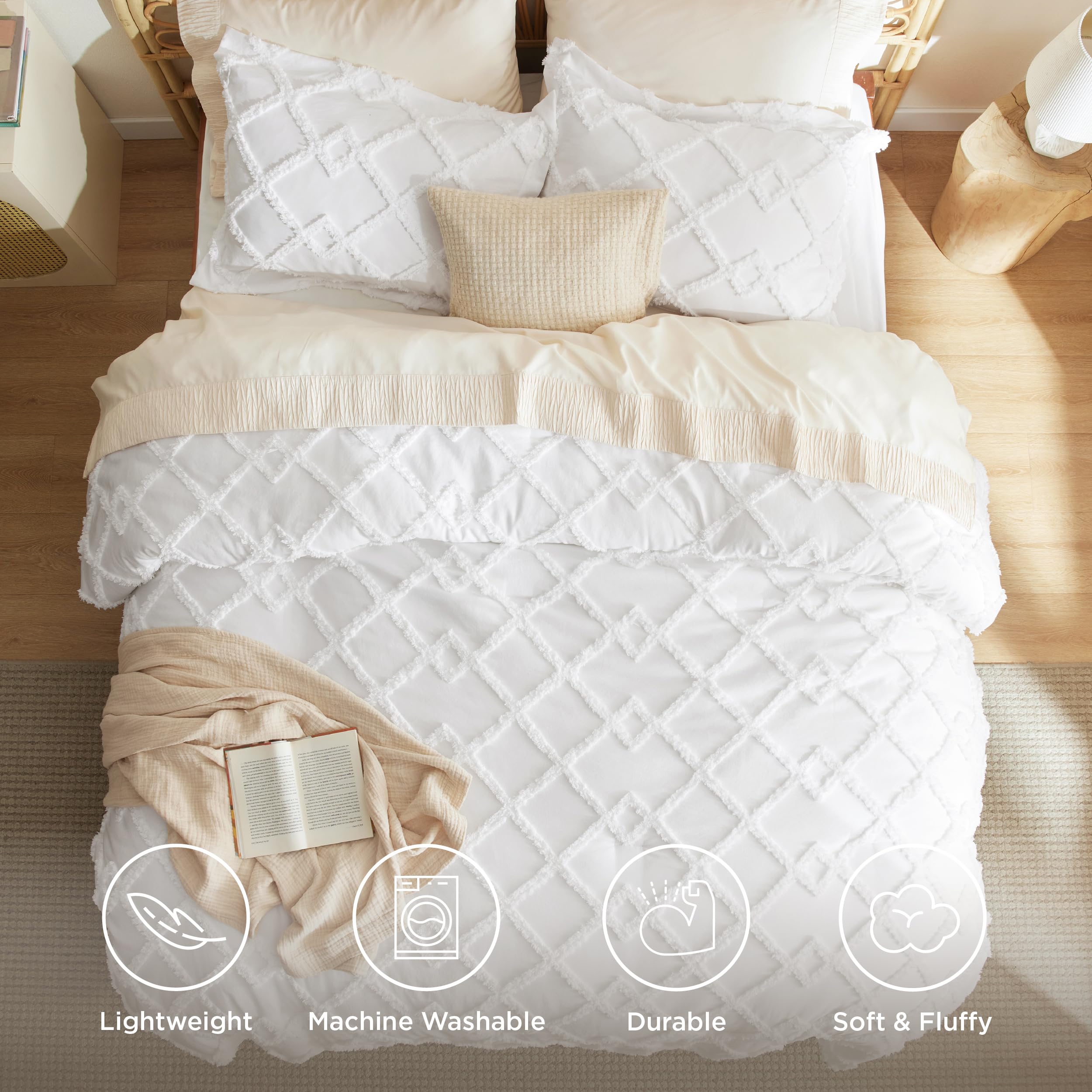 Boho Comforter Set Queen - White Tufted Bedding Comforter Set