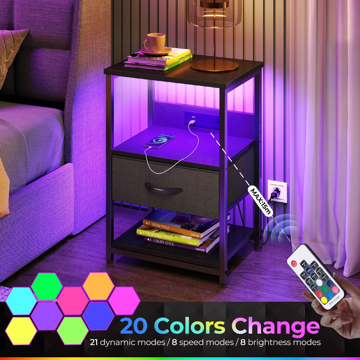 Nightstand with Charging Station, LED Bedside Table with Adjustable Fabric Drawer