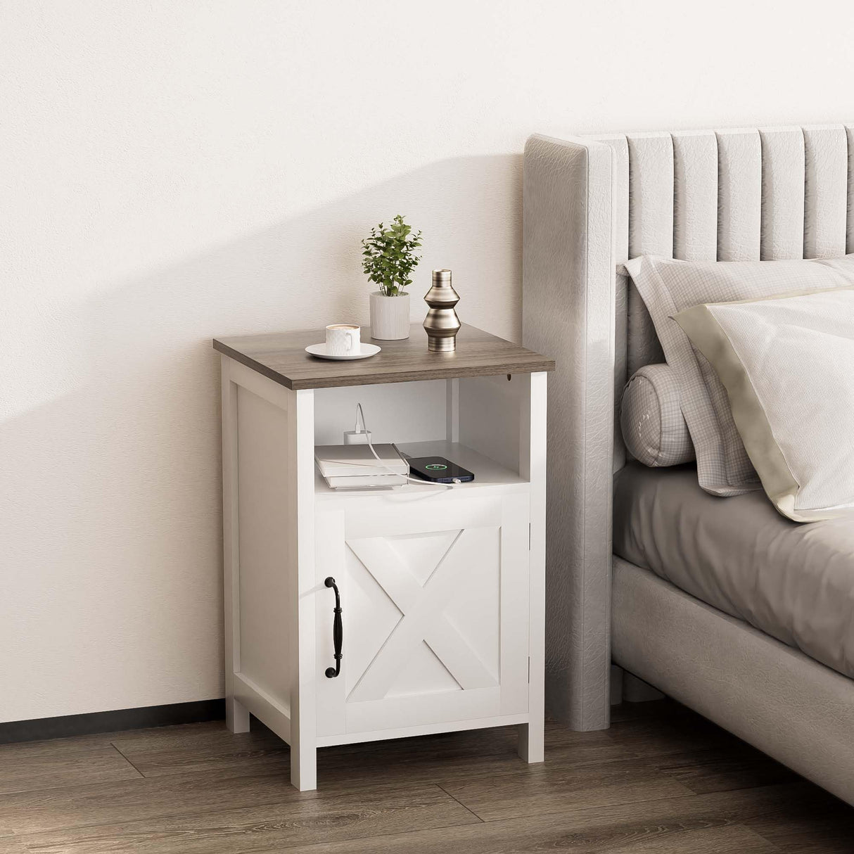 Nightstand with Charging Station, Modern Bedside Table with Barn Door and Shelf, Rustic