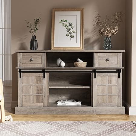 Farmhouse TV Stand w/LED Light, White TV Stand for 65 inch TVs, Entertainment Center