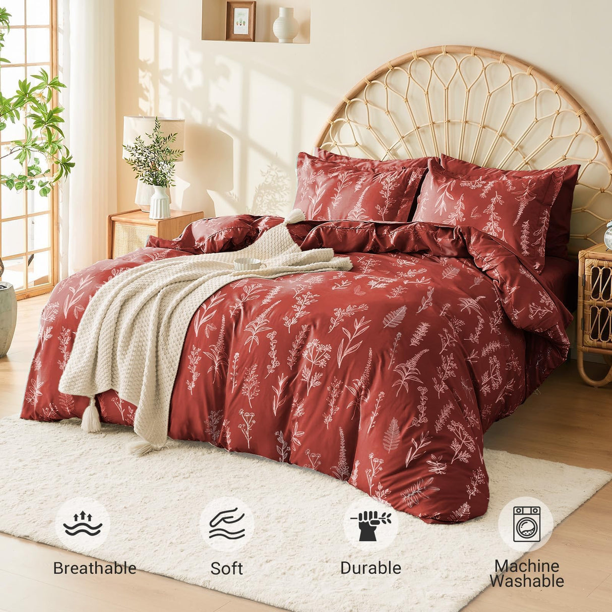 Terracotta Bed in a Bag Queen 7 Pieces, Queen Comforter Set Reversible Botanical Flowers Design,