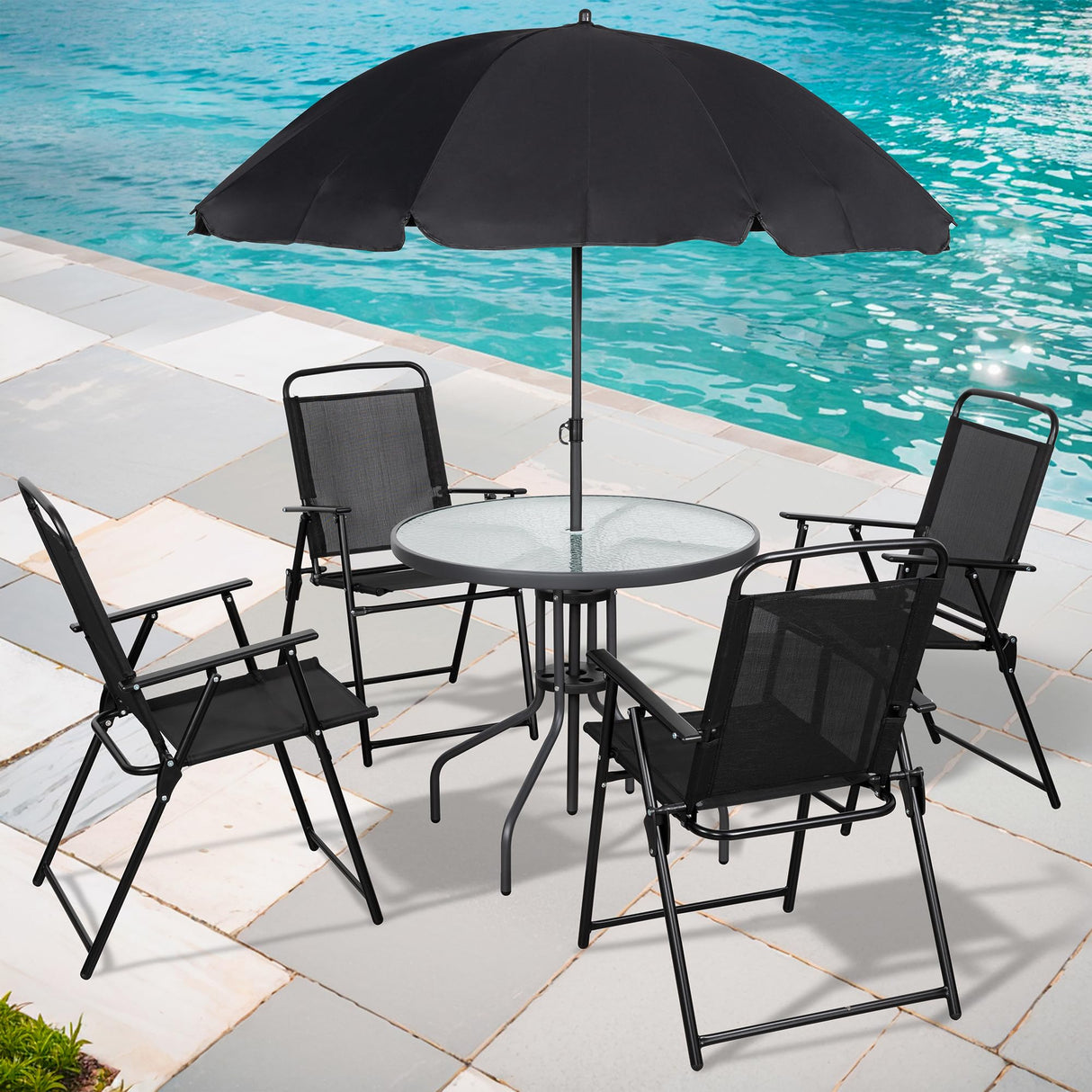 6 Piece Patio Dining Set with Umbrella, Outdoor Furniture Set with 4 Folding Chairs