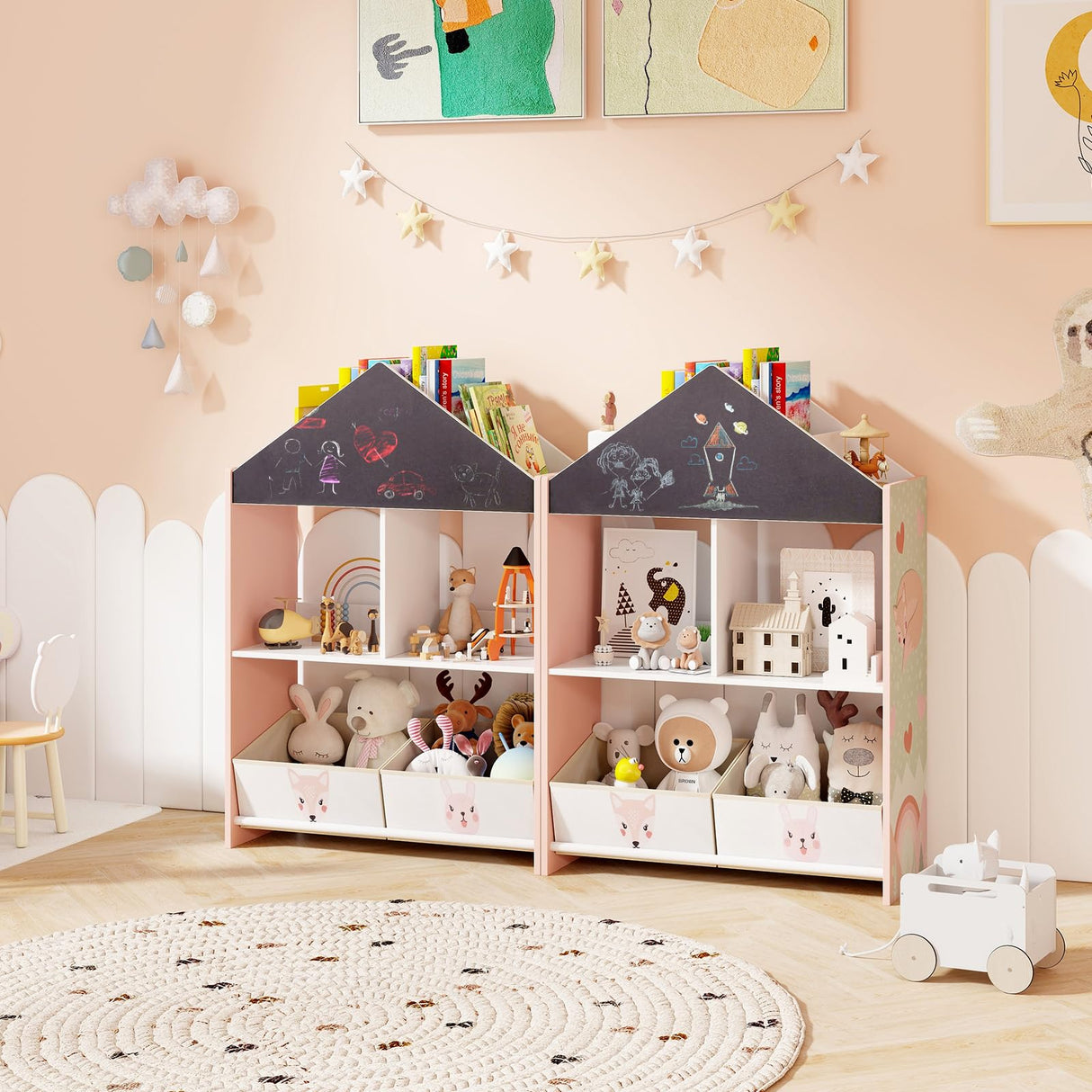 Bookshelf, Wooden Dollhouse Bookcase with Blackboard, Whiteboard, Toddler Book Shelf with Cubby & 2 Fabric Bins, Toy Storage Organizer for Kids Room, Playroom, Nursery (Pink)