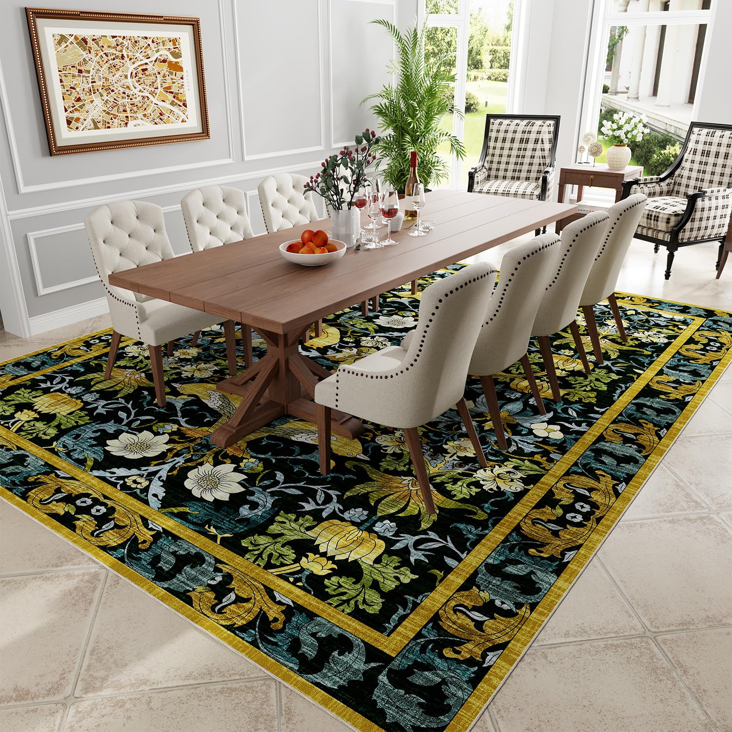 Topllen Washable Area Rug - Area Rug 8'x10' Boho Soft Living Room Rug, Non-Slip Large Area Rugs Indoor for Dining Room Livingroom Bedroom, Vintage Rug (Dark Green, 8x10ft)