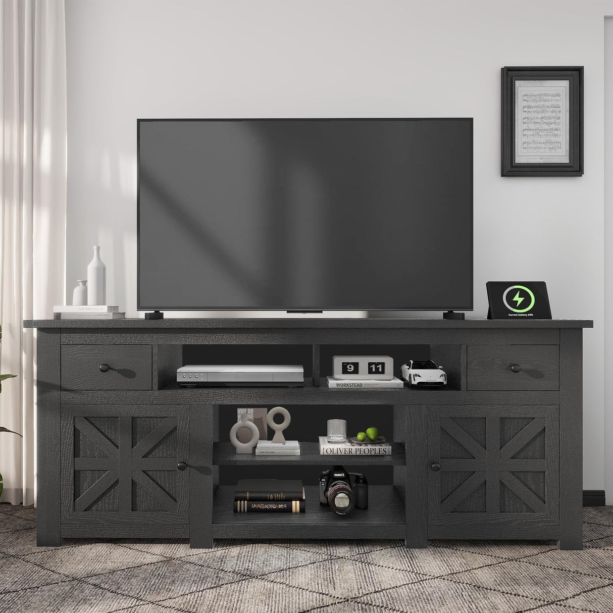 Farmhouse TV Stand 70 Inches, Entertainment Center with Power Outlet
