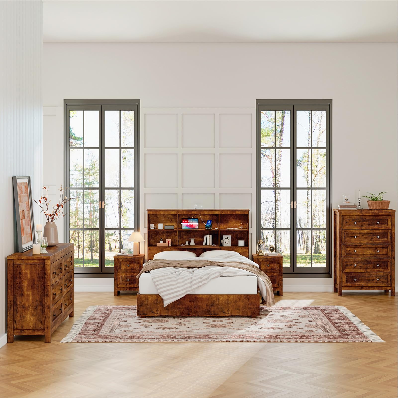 4 Pieces Farmhouse Bedroom Set, 1 X Wood Rustic 6 Drawer Storage Dresser