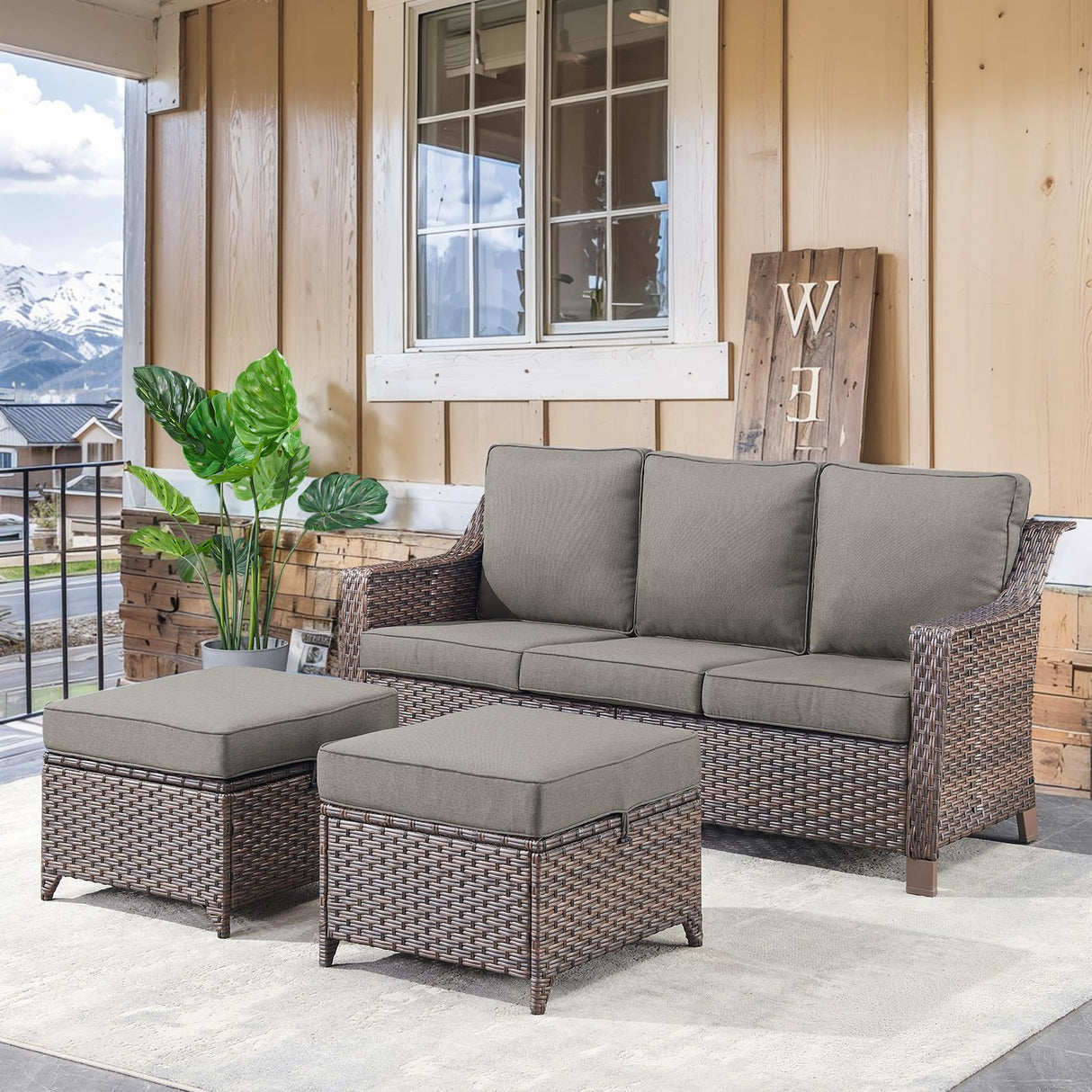 Outdoor Wicker Ottomans Rattan Footrests - Heavy Duty Outside Resin Rattan