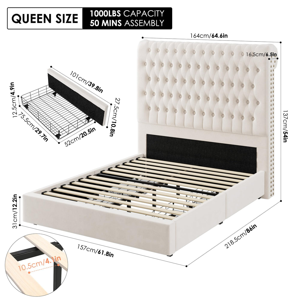 Queen Upholstered Bed Frame with Storage - 54" Tufted Headboard