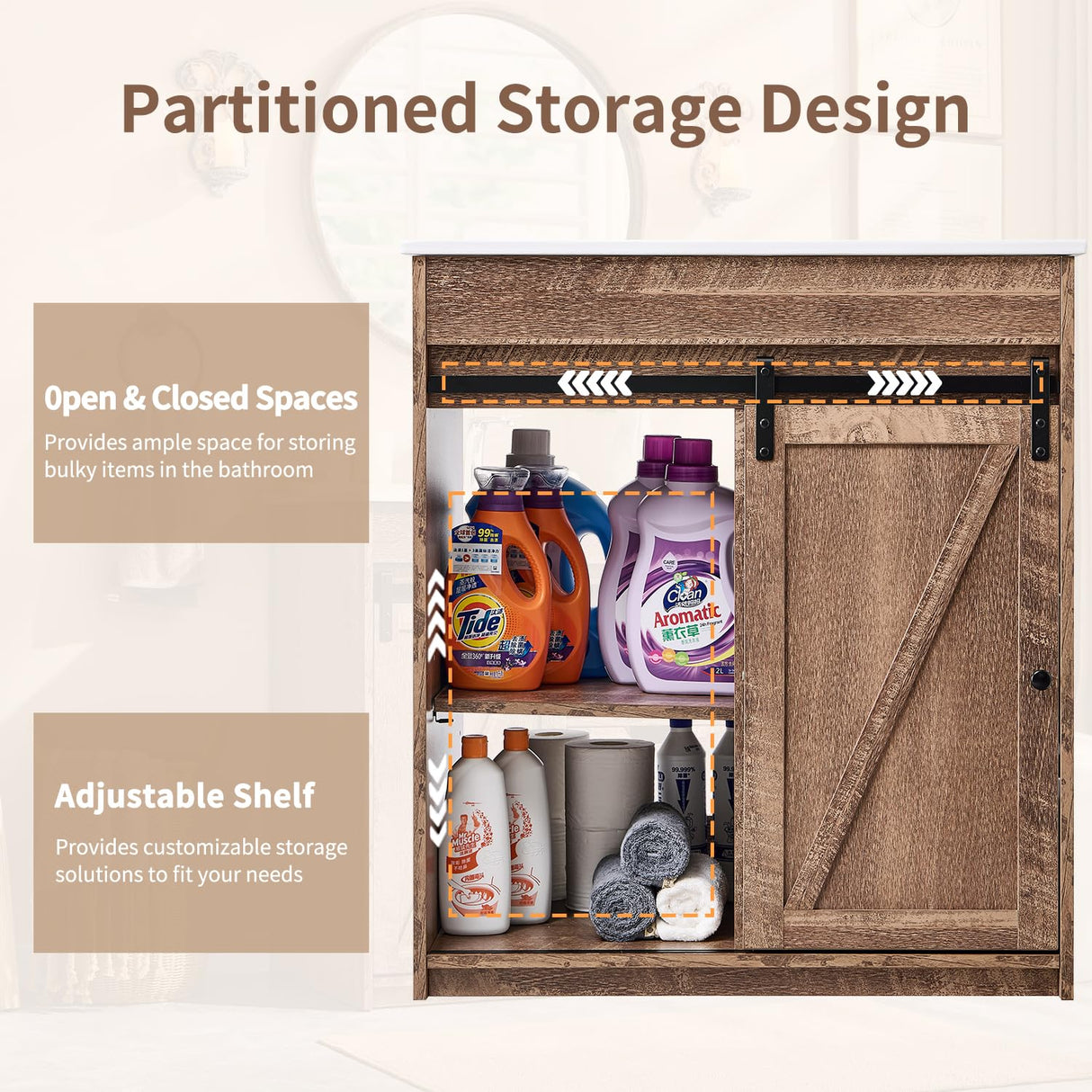 Aitjunz 30" Farmhouse Bathroom Vanity with Sink, Freestanding Modern Bathroom Storage Vanity Cabinet w/Sliding Barn Door, 3 Drawers & Adjustable Shelves, Light Brown