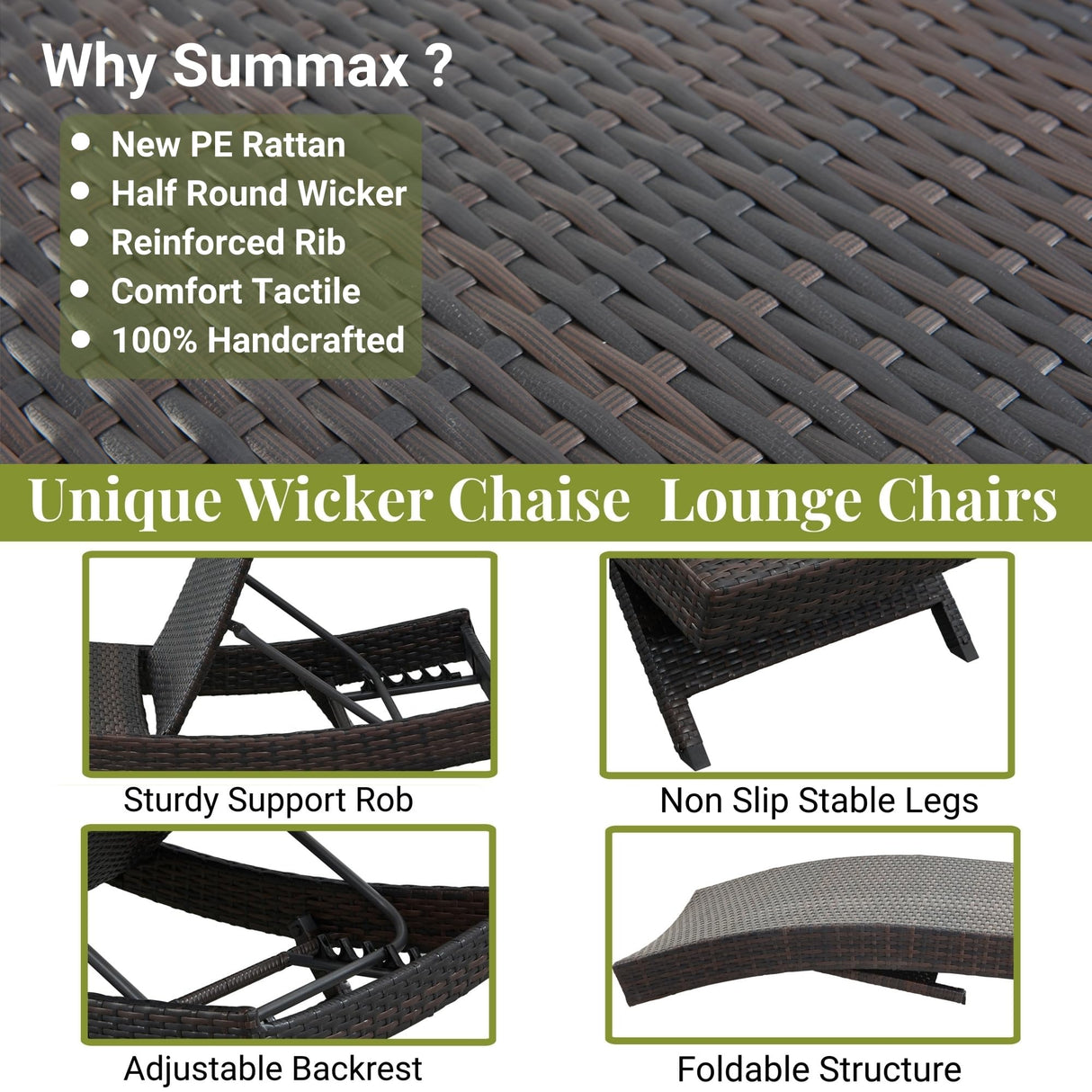 Long Reclining Chair Set of 2 with Cushions, Chaise Lounge Wicker Reclining Lounge Chair