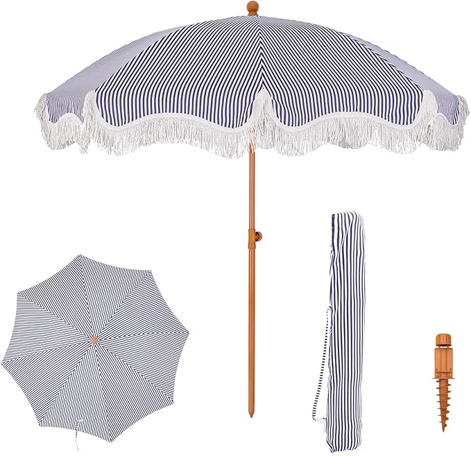 7ft Beach Umbrella with Fringe & Sand Anchor, Outdoor Patio Heavy Duty Windproof Portable