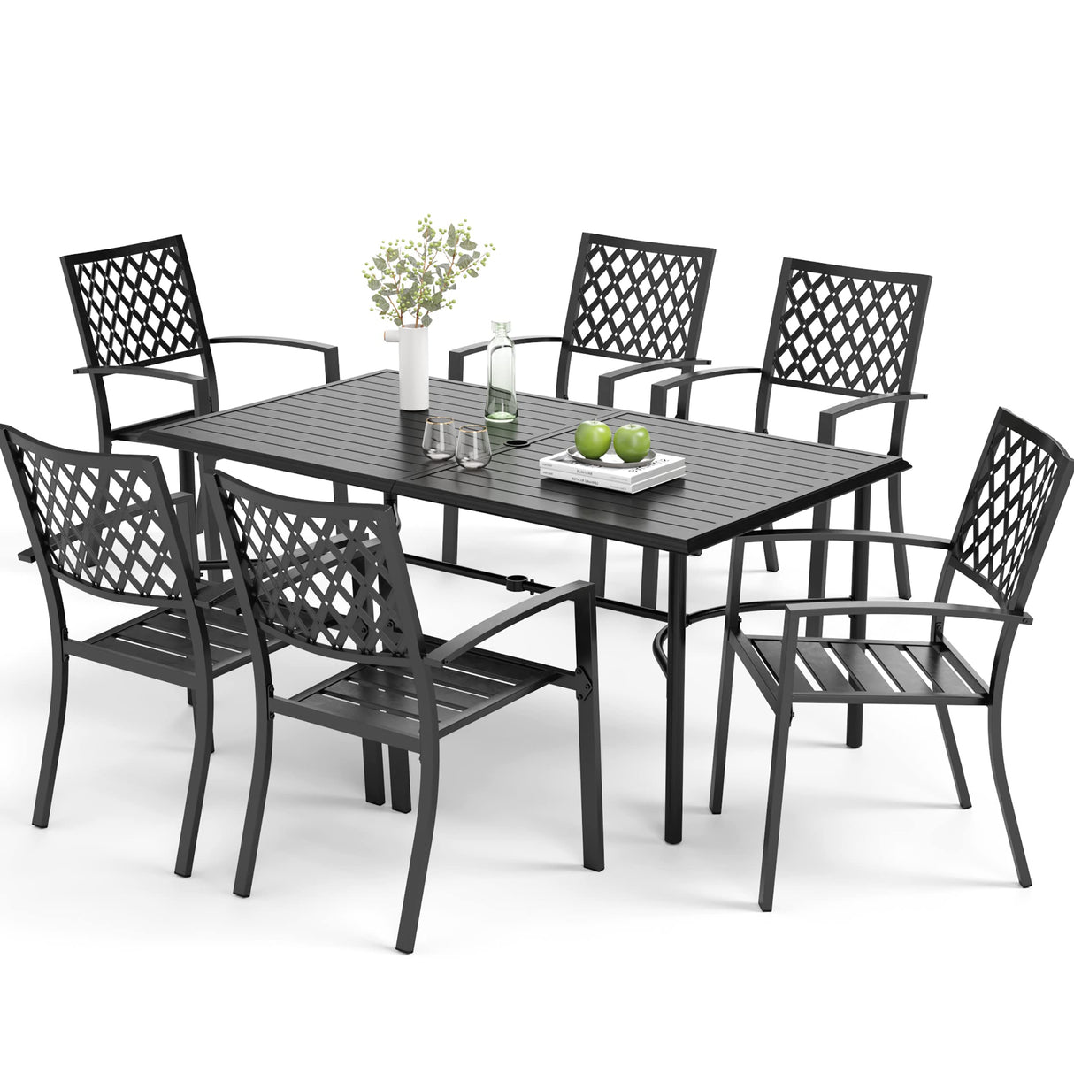 7-Piece Outdoor Dining Set, 6 Stackable E-Coating Metal Chairs and 1 Black Rectangular