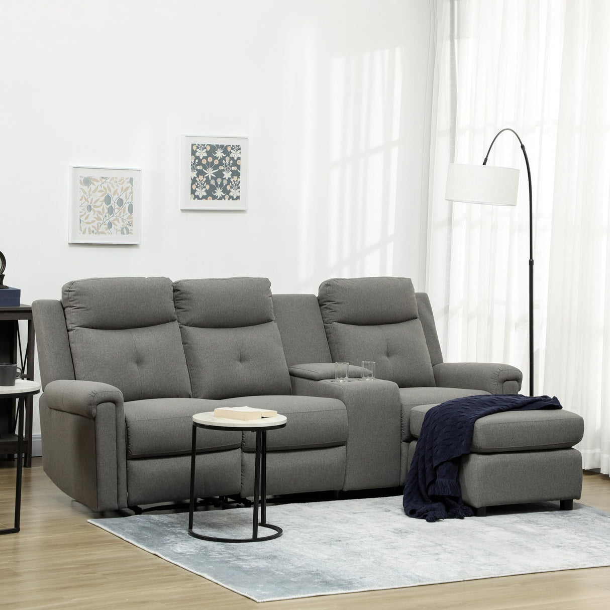 L-Shaped Sofa, Manual Reclining Sectional with Chaise Ottoman, Storage Console
