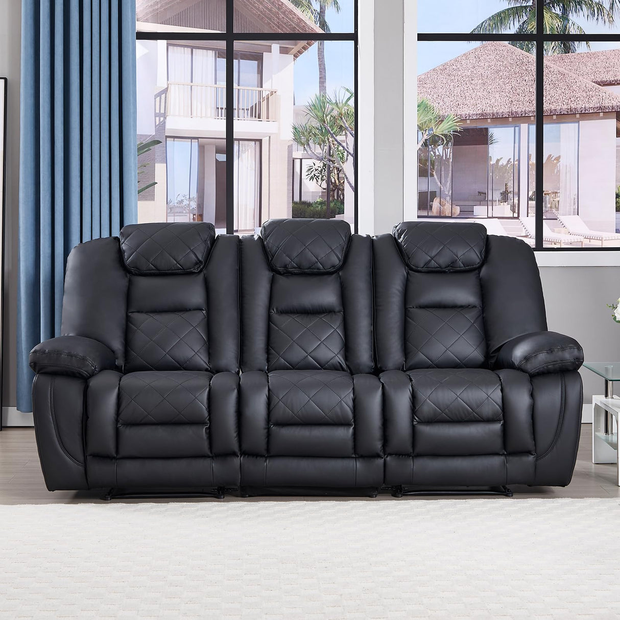 Leather Manual Reclining Sofa, 3 Seat Recliner Sofa Chair with Overstuffed Armrest and