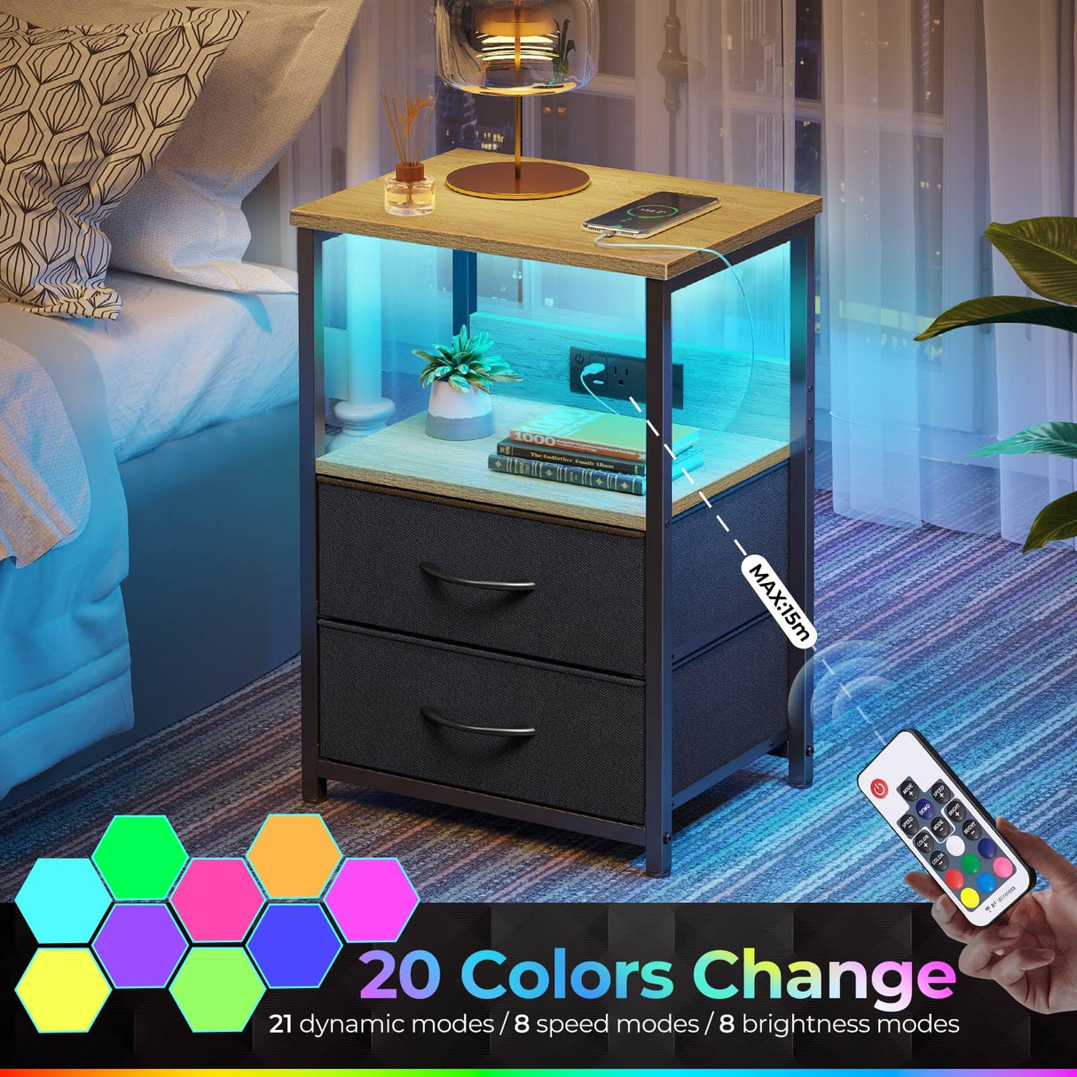 Nightstand Set of 1/2 with Charging Station, Bedside Table with LED Lights