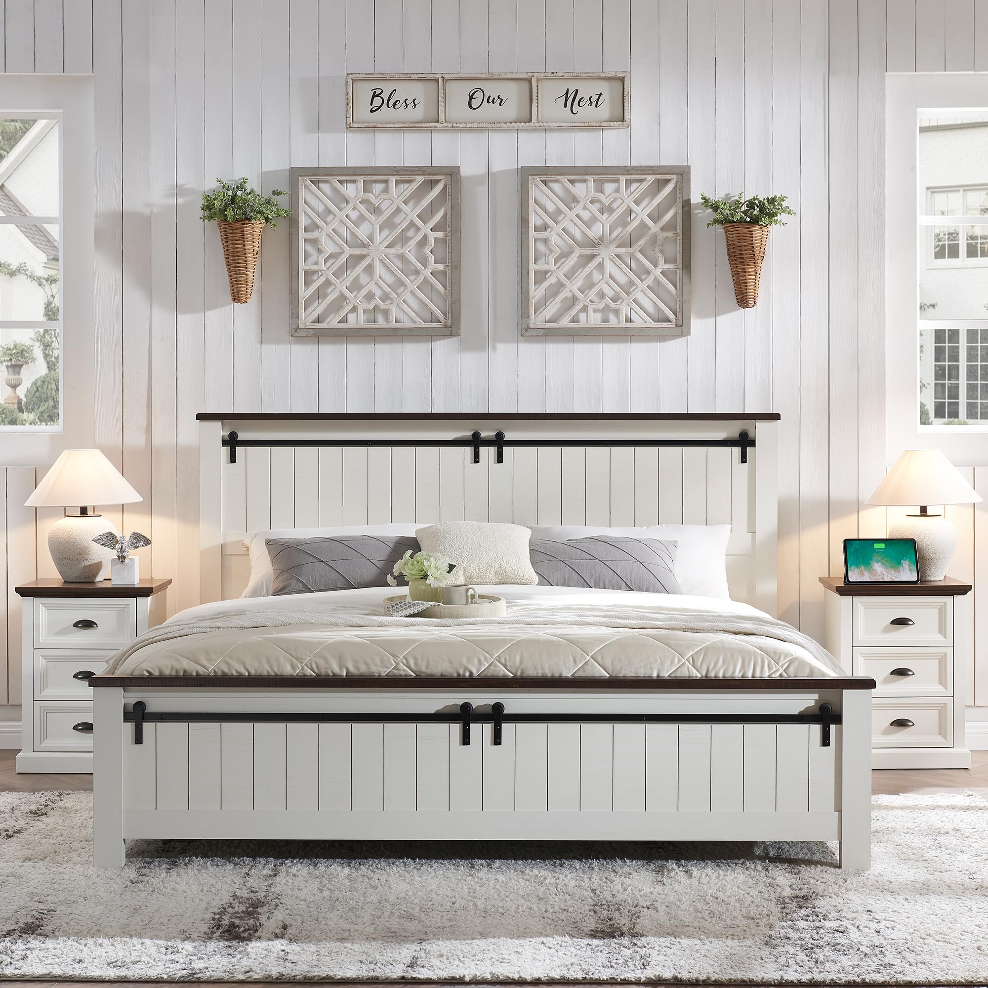 IFGET Farmhouse King Size Bed Frame with 47" Headboard, Wood Bed Frame with Groove Sliding Barn Door Footboard, Platform Bed with Wood Slats Support, No Box Spring Needed (White)