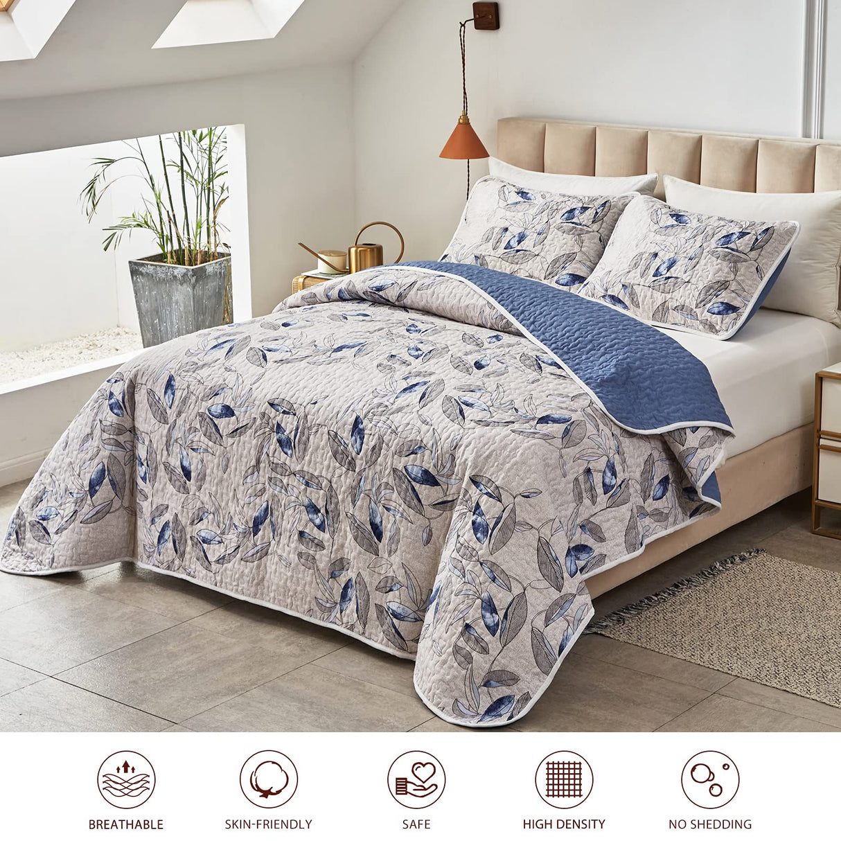 2 Pieces Microfiber Quilt Set, Botanical Blue Leaves on Light Gray Reversible