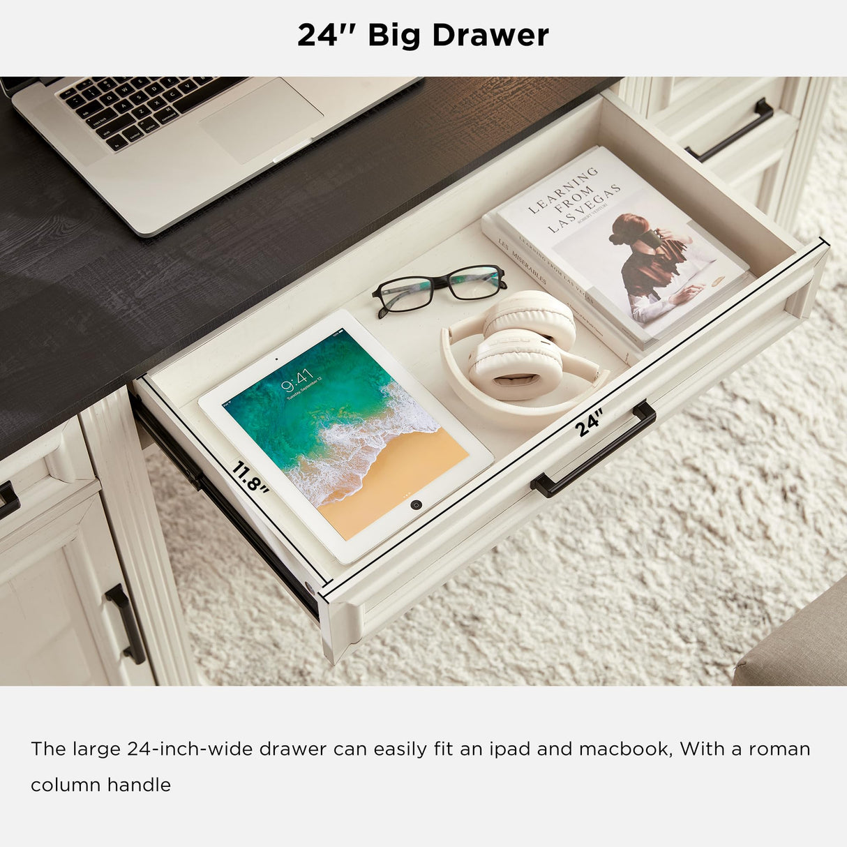 JXQTLINGMU 58 Inch Large Computer Desk with Drawers, Embossed Texture Home Office Desk, Workspace for Work Study Writing, White