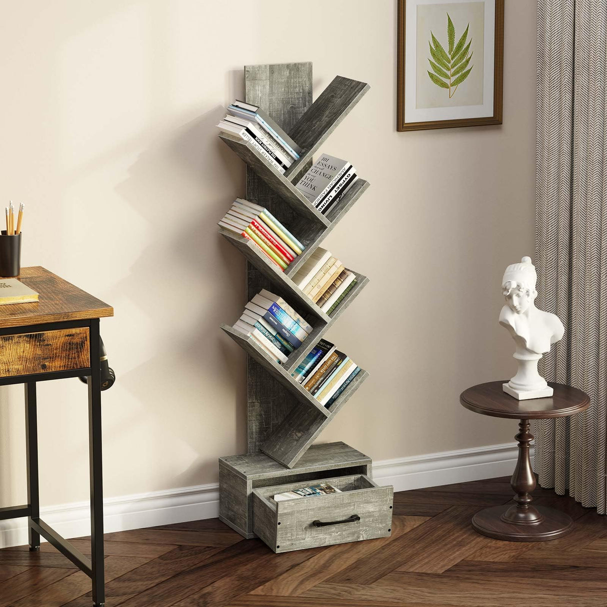 Rolanstar Bookshelf with Wooden Drawer, 7 Shelf Tree Bookshelf, Modern Book Storage, Free Standing Tree Bookcase, Utility Organizer Shelves for Home Office, Living Room, Bedroom, Light Grey