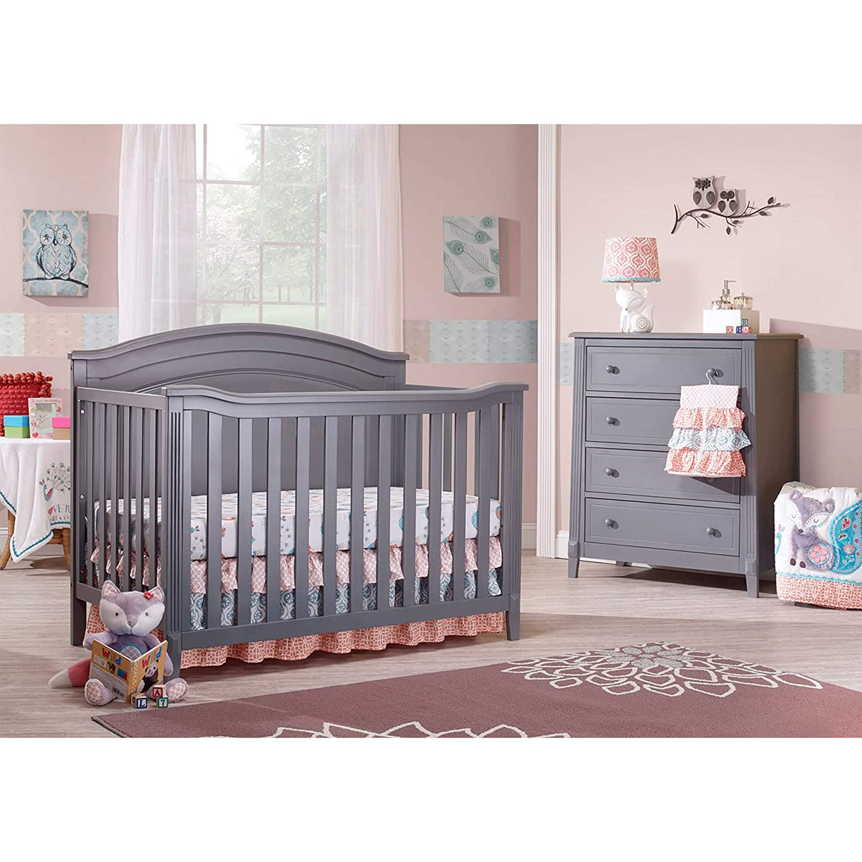 Berkley Round Top Crib, Classic 4-in-1 Convertible Crib, Made of Wood, Non-Toxic Finish, Wooden Baby Bed, Toddler Bed, Child’s Daybed and Full-Size Bed, Nursery Furniture-Gray