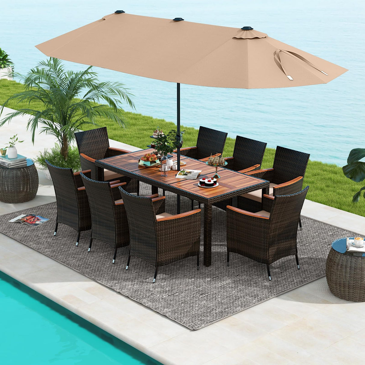 10 Piece Patio Rattan Dining Set with 15Ft Double-Sided Umbrella