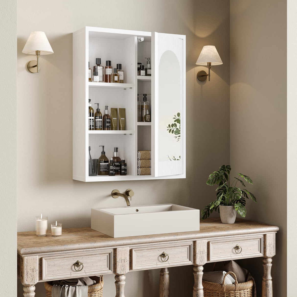 20’’x26’’ Bathroom Cabinet Wall Mounted with Arch Mirror, Medicine Cabinet