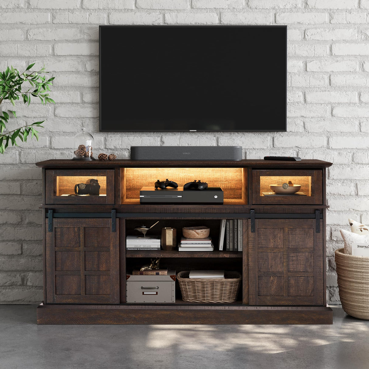 Farmhouse TV Stand for 65 inch TV, Entertainment Center TV Cabinet Stands