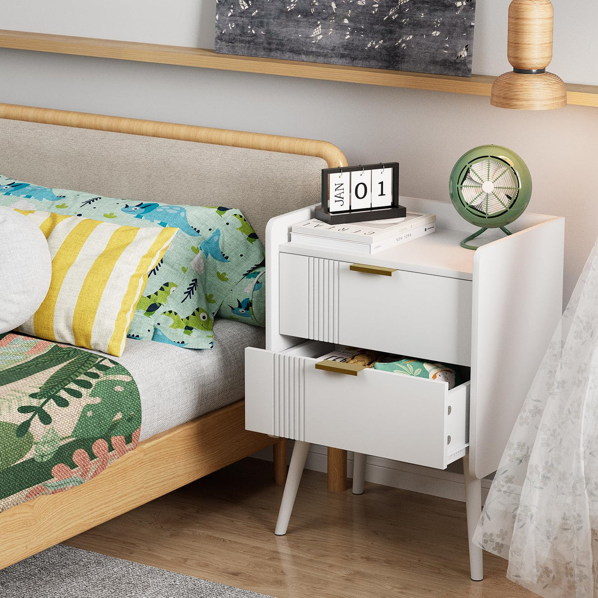 White Nightstand Modern Bedside Table with 2 Storage Drawer, Small Night Stand