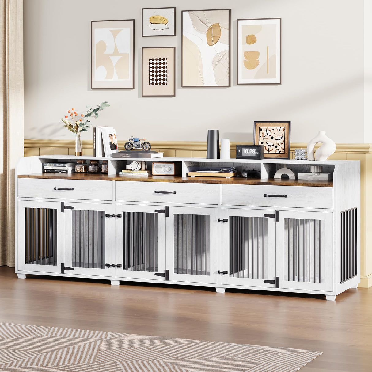 95" Dog Crate Furniture with Storage - 3-Room Wooden Kennel TV Stand