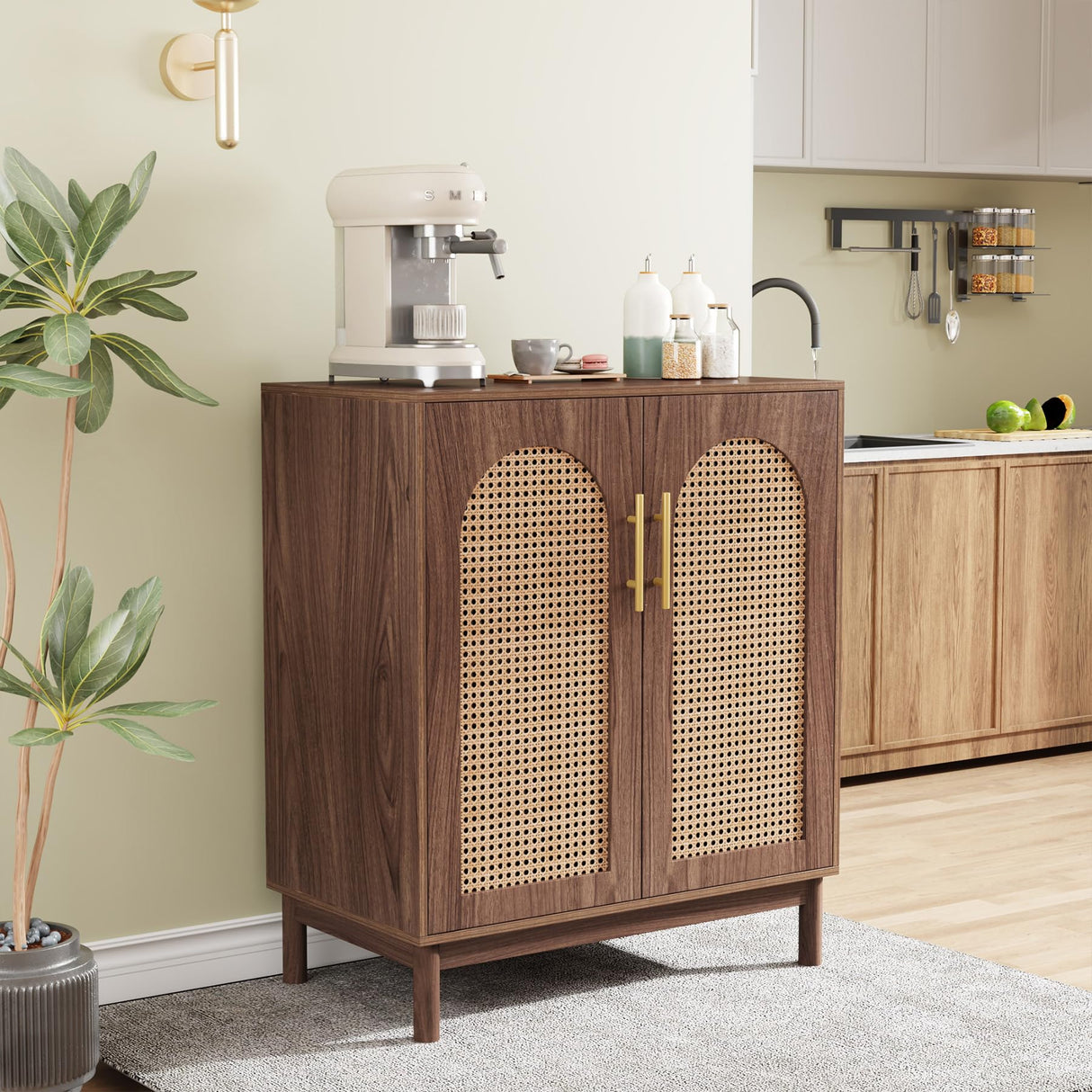Set of 2 Rattan Sideboard Buffet Cabinet with Storage, 59 Inch Accent Cabinet with Doors