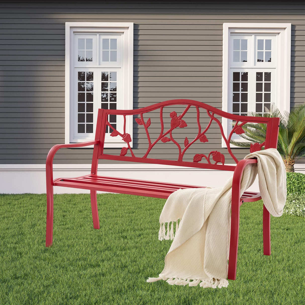 50" Outdoor Garden Bench, Cast Iron Metal Outdoor Benches Weatherproof