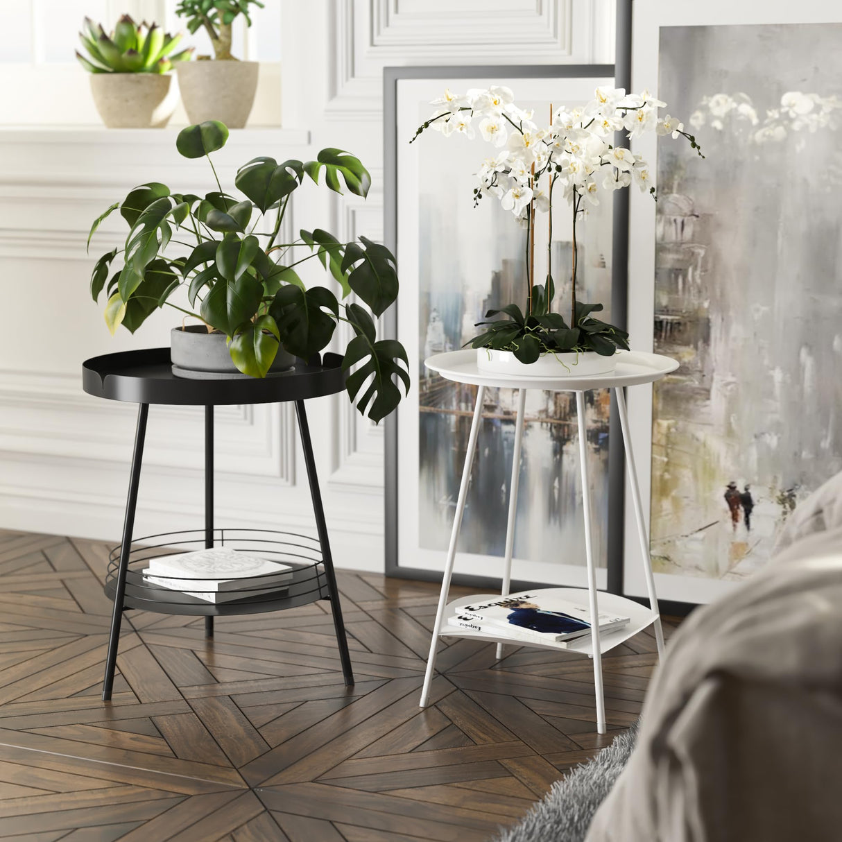 2 Tier Round Side Table, Modern Small Table for Small Spaces Living Room Indoor Outdoor (Black) - Bircata