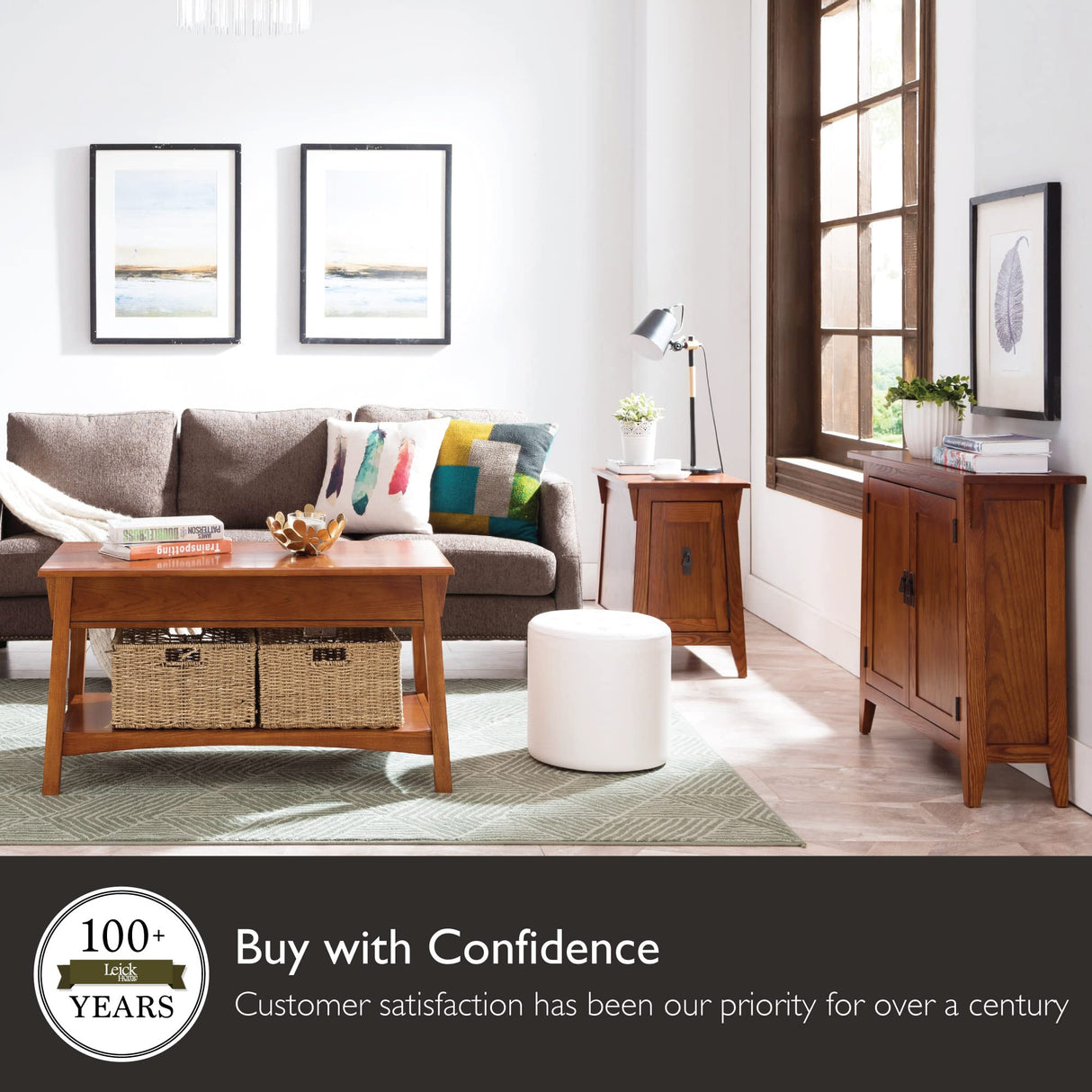 10055-RS Mission Coffee Table for Living Room, Two Drawers and Shelf