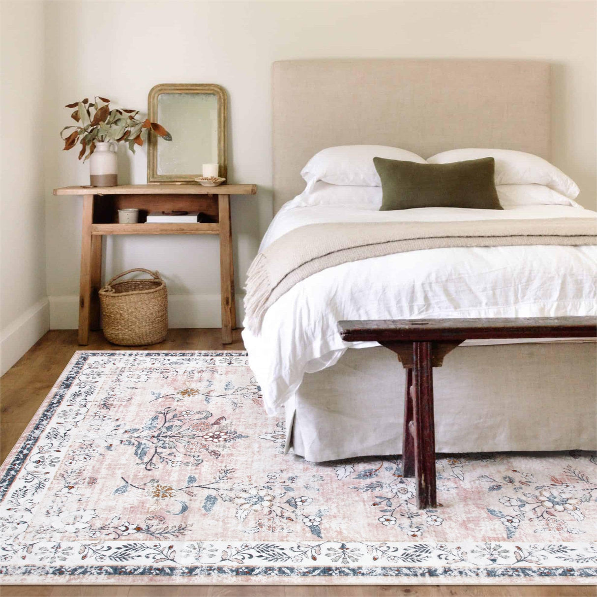 Machine Washable 5x7 Rug, Pink Rugs for Bedroom Girls, Soft Boho Floral Nursery Rug