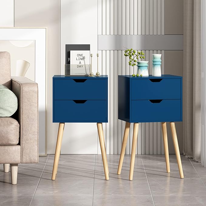 Nightstands Set of 2, Night Stand with Drawers, Bedside Tables with Solid Wood Legs and