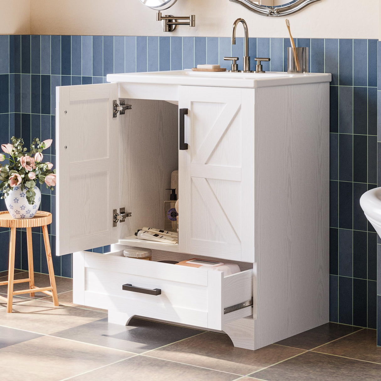Bathroom Vanity with Sink, 24 Inch Farmhouse Bathroom Sink Cabinet with Drawer