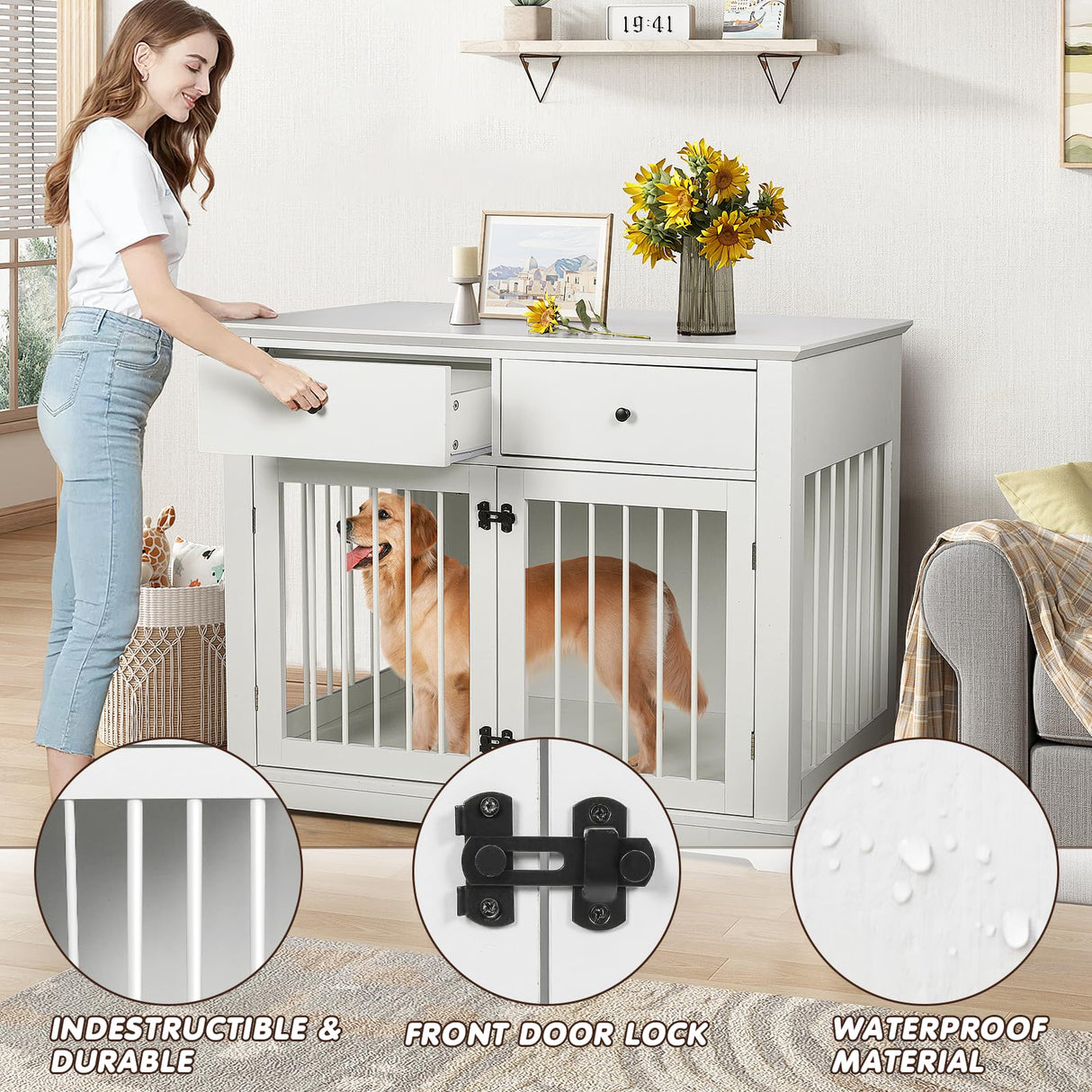 44" Large Dog Crate Furniture with Drawers - White Wooden Kennel End Table