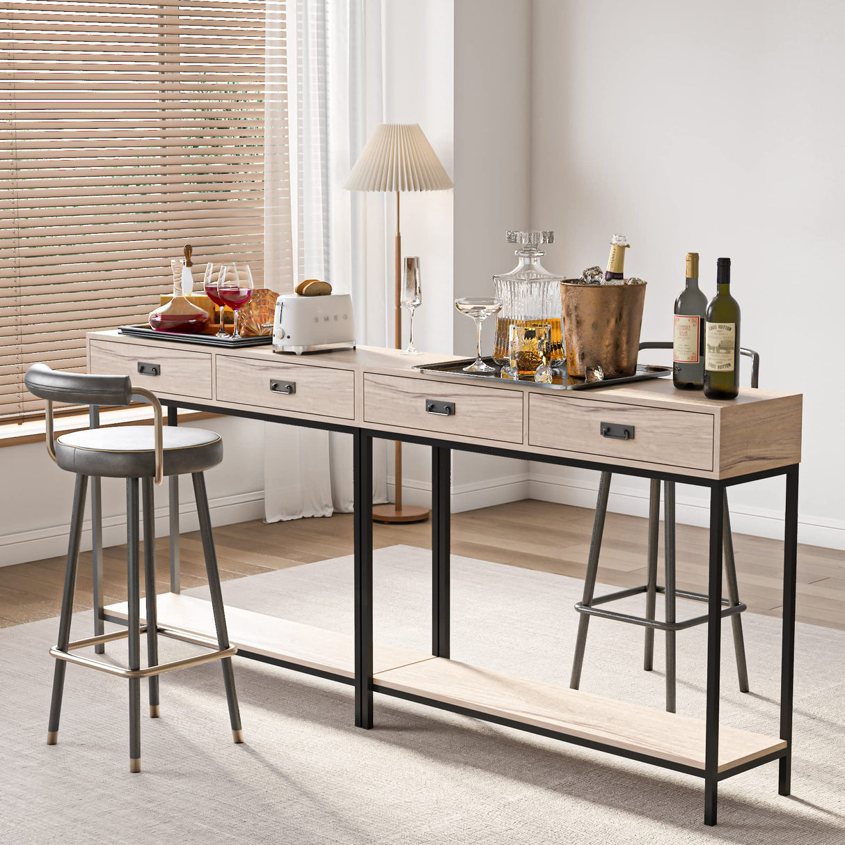 Oak Wood Console Table with 2 Drawers, Hallway Foyer Table with Storage Shelves