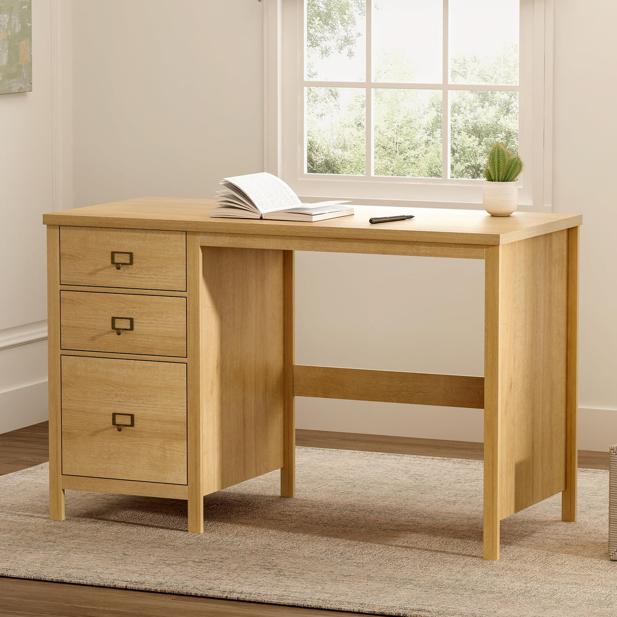 Modern Executive Desk with Drawers, Wood Home Office Desk with File Drawer