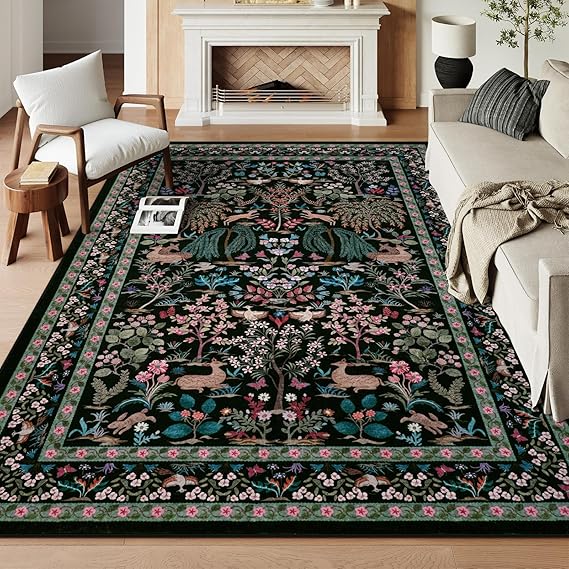 8x10 Washable Area Rug - Beige Botanical Print